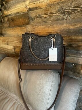 Embossed Floral Brown Satchel Bag